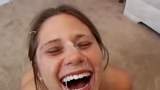 Brown-haired teen Makenzie Wilson blows and enjoys lots of cum on her face